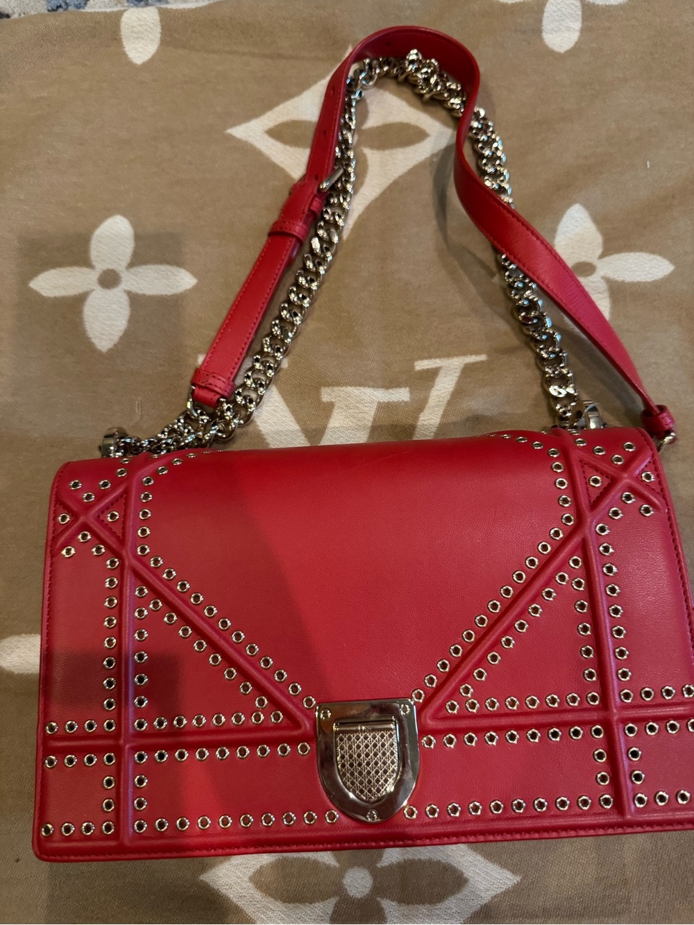 Dior Red Studded Leather Shoulder Bag with Chain Strap - Picture 2 of 5